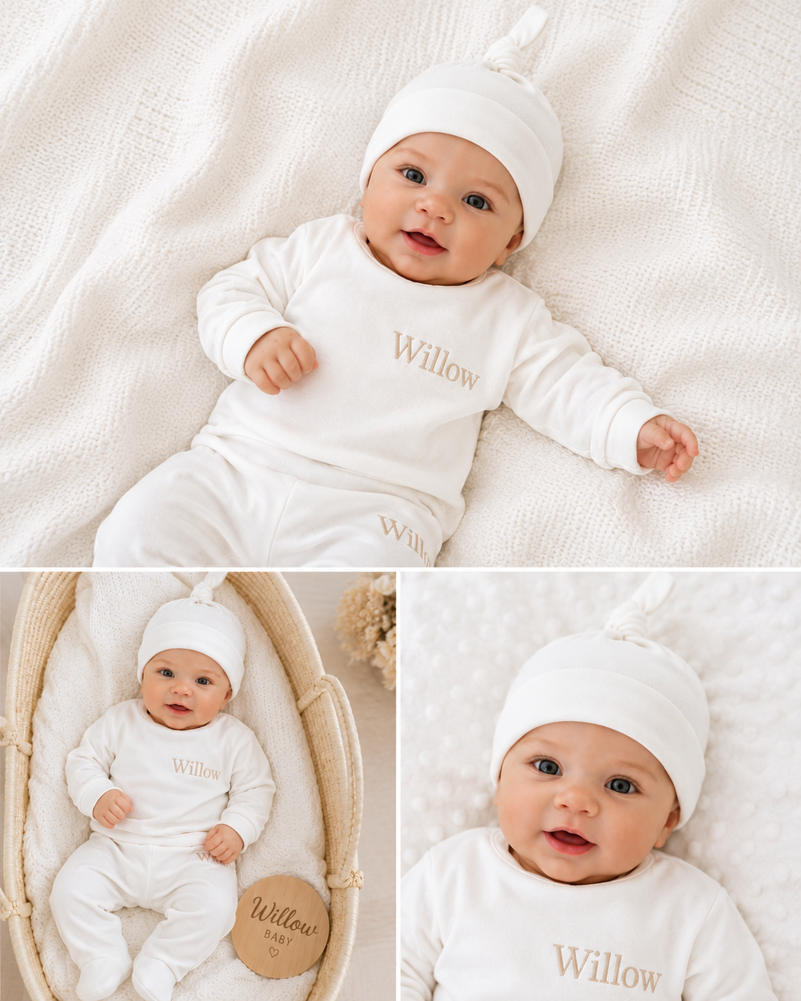 Luxury Organic Cotton Baby Loungewear Set in White & Beige
