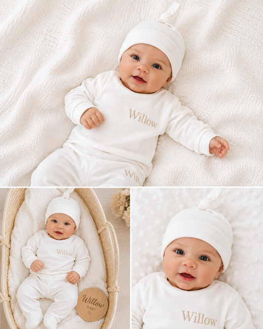Luxury Organic Cotton Baby Loungewear Set in White & Beige